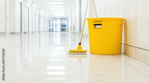 Yellow cleaning supplies in a clean hallway.