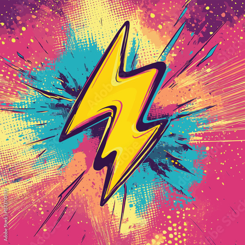 A thunder illustration set against a vibrant comic abstract pop art background, created using AI, vector style simple color