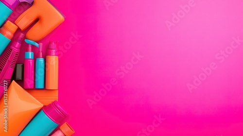 Colorful cosmetic and personal care products arranged on a vibrant pink background.