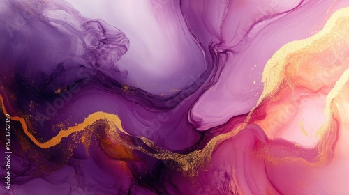 A fluid and organic abstract background with sweeping curves in shades of purple, pink, and gold, creating a smooth, luxurious look