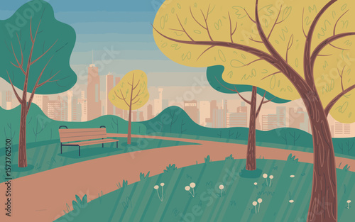 City park illustration with bench and trees for relaxation and urban escape scene