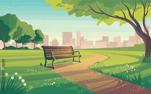 Illustration of park bench with city skyline background in bright sunny day