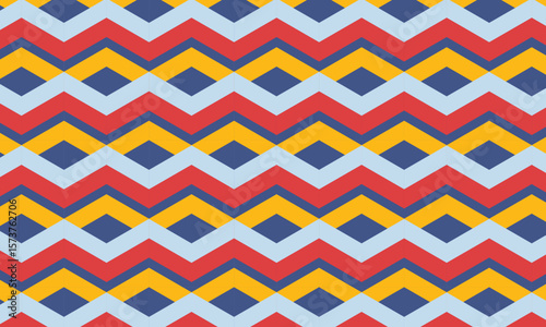 A vibrant geometric zigzag pattern featuring bold shades of red, navy blue, yellow, and light blue. The rhythmic design conveys energy and movement