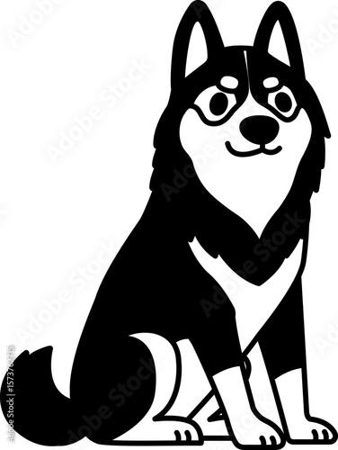 black and white illustration icon of a Siberian Husky dog