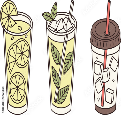 Illustration of three refreshing drinks with lemon, mint, and ice in tall glasses and a plastic cup