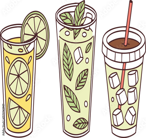 Illustration of three refreshing drinks with lime, mint, and ice in glasses and a plastic cup