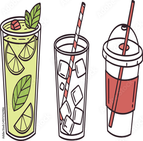 Three different refreshing drinks with straws and ice cubes in glasses on a white background
