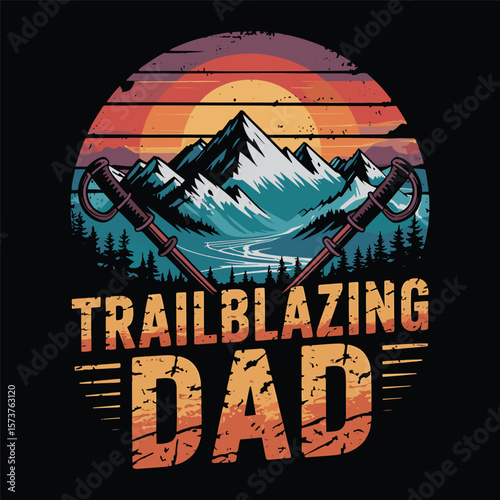  Rugged mountain and crossed axes symbolizing a bold adventurous father. Vector illustration.