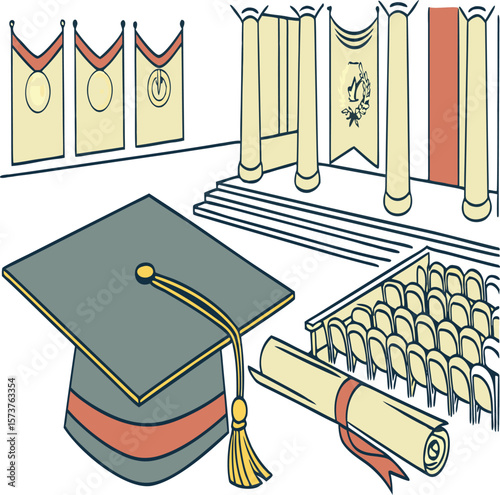 Illustration of a graduation scene with cap, diploma, stage, and audience seating area shown