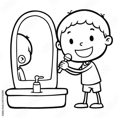 Boy singing into microphone in front of bathroom mirror