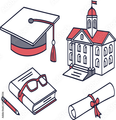 Illustration of graduation cap, university building, book, glasses, pen, and diploma scroll design