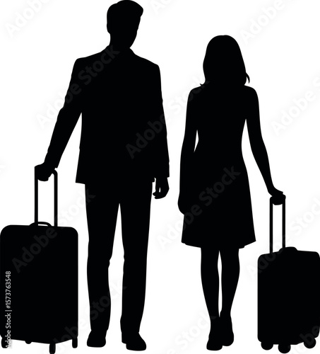 Silhouette of couple traveling with luggage bags for business or vacation travel trip