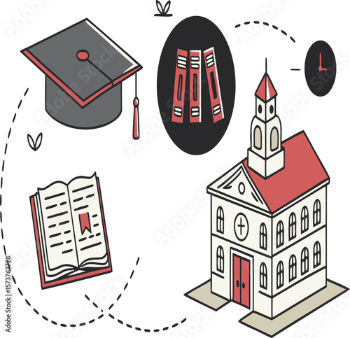 Illustration of graduation cap, books, glasses, and a school building with red roof design