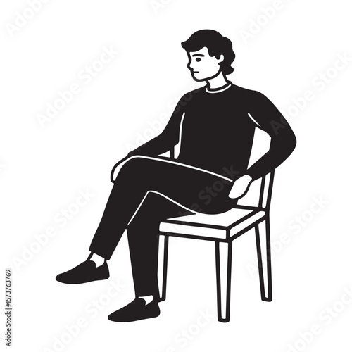 Thoughtful Man Sitting in Chair Black and White Illustration
