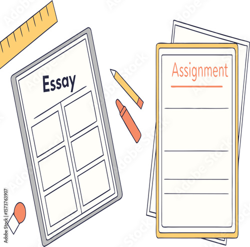 Overhead view of essay paper assignment sheets ruler crayon pencil and eraser on a white background