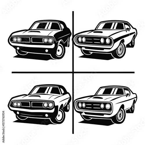 Vintage muscle car front view silhouettes