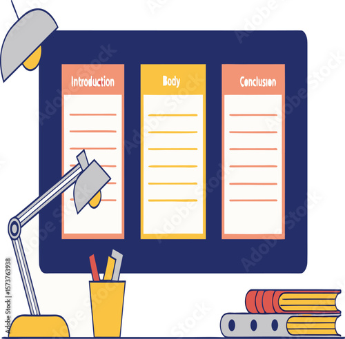 Illustration of a desk setup with introduction body and conclusion sections displayed on a screen