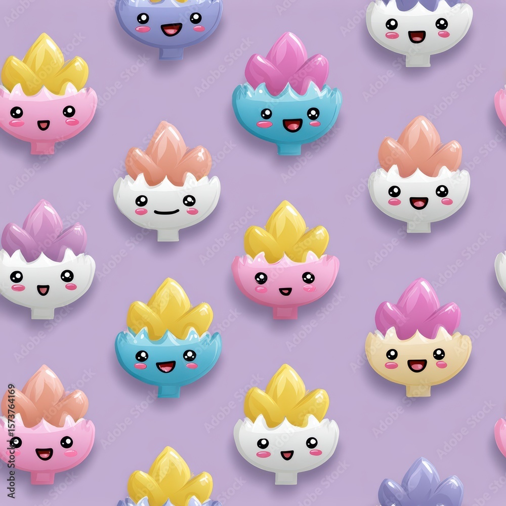 Obraz premium Cute Cartoon Characters with Colorful Flame Designs on Purple Background