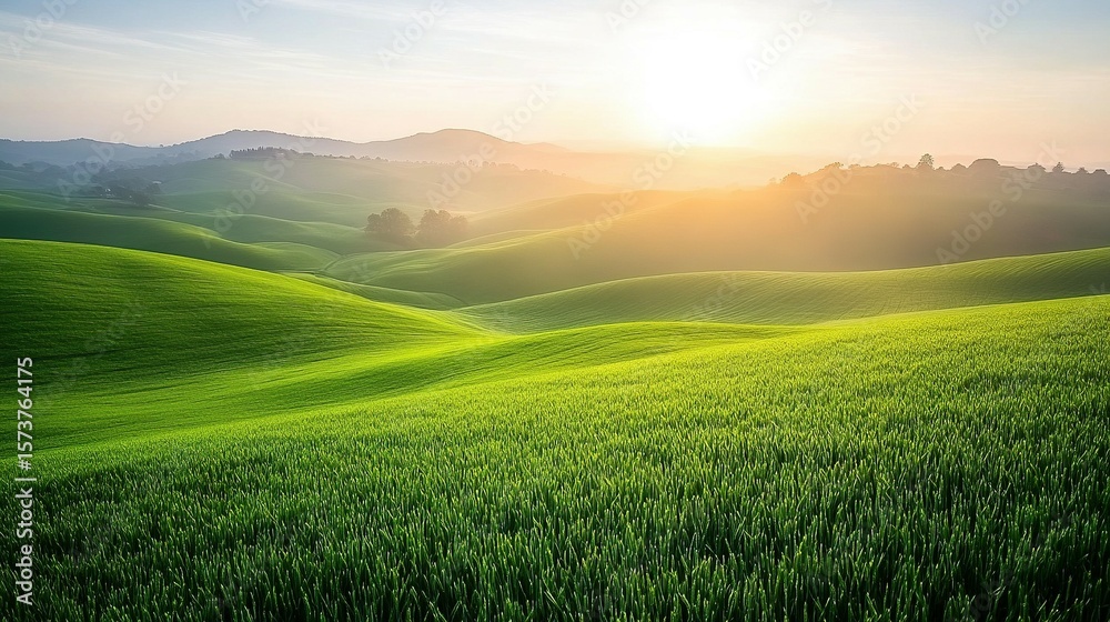 Lush green fields with rolling hills at sunrise. Lush green fields with rolling hills at sunrise.