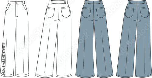 High waist wide leg jeans front and back view, women’s denim pants flat fashion sketch, editable template, vector clothing illustration