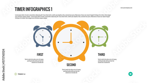 Timer Infographic with Alarm Clocks – Vector layout showing three colorful clocks in sequence. Perfect for time management, scheduling, and productivity visuals