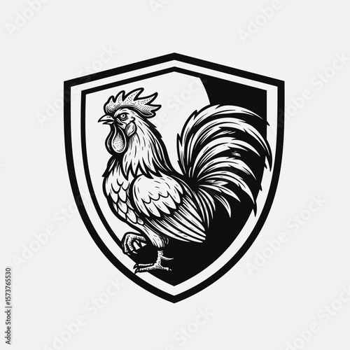 Black-and-white illustration of a proud rooster inside a decorative shield, symbolizing strength and vigilance.