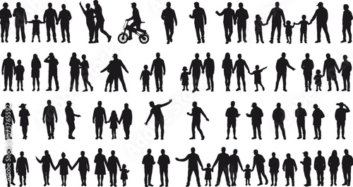 Silhouettes of families, parents, children walking, talking, playing, and bonding in everyday outdoor lifestyle poses for design use