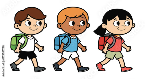 Three cartoon children walking with backpacks kids