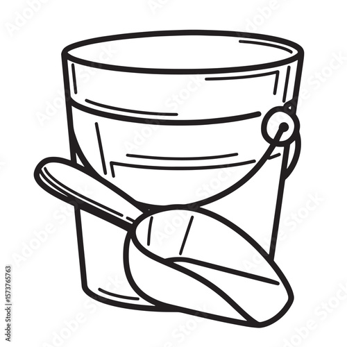 Black and white illustration of a bucket and scoop for playing at the beach