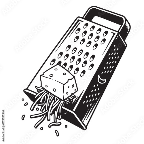 Black and white illustration of a cheese grater with a block of cheese and shredded cheese