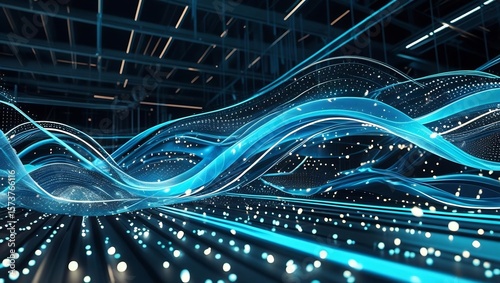 Futuristic digital wave background with glowing blue and cyan flowing lines, particle trails, light dots, and motion blur, dark tech grid background, high contrast style.