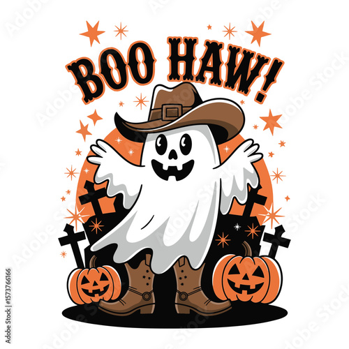 A second variation of the “Boo Haw!” ghost with purple boots and desert background. Vector illustration.