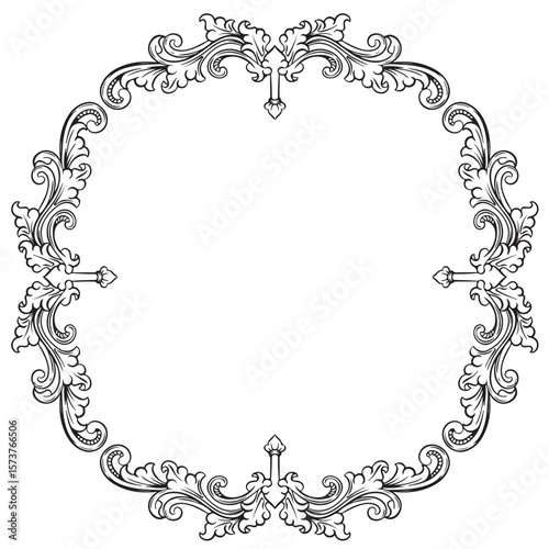 Vintage circle oval baroque frame with floral ornament engraving illustration art