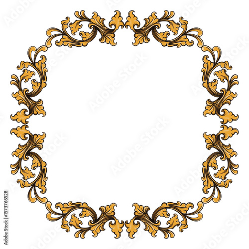 Vintage circle oval baroque frame with floral ornament engraving illustration art