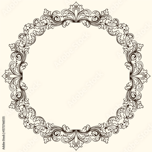 Vintage circle oval baroque frame with floral ornament engraving illustration art