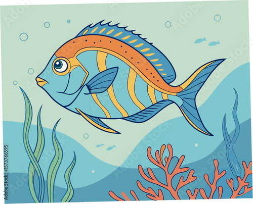 Colorful fish swimming among coral and seaweed in an underwater scene  