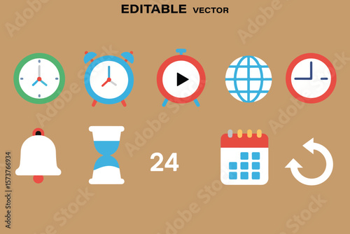 Collection of flat design icons representing time management scheduling and daily activities on a brown background