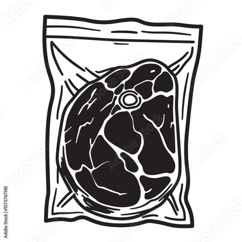 Black and white vector illustration of a sealed raw beef steak in a plastic bag