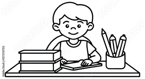 Boy at desk with books and pencils child table