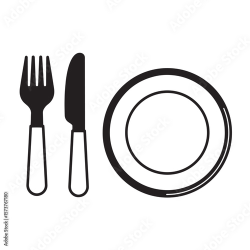 Black and white vector illustration of a plate fork and knife with simple outline
