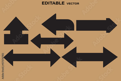 Collection of diverse black arrow shapes pointing left and right on a tan background editable vector