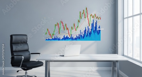 A sleek office interior features a stock market chart and computer on a modern white desk.