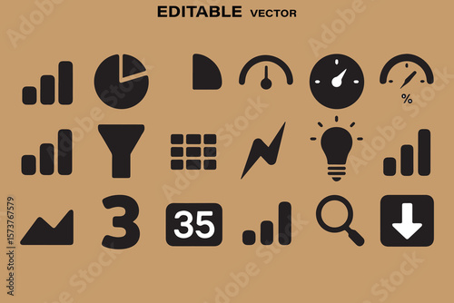 Collection of editable vector icons representing business analytics data charts graphs and performance indicators