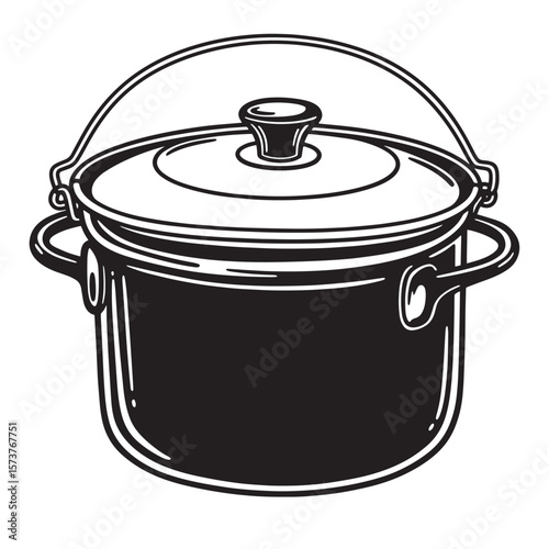 Detailed black and white illustration of a classic cooking pot with a lid and handle
