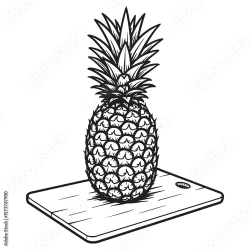 Detailed black and white illustration of a pineapple on a wooden cutting board