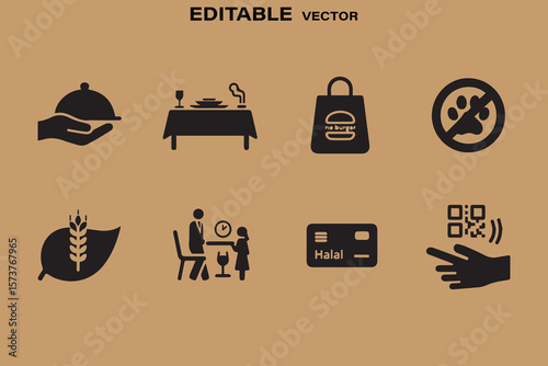 Collection of black icons representing food service dining takeout halal and digital payment options