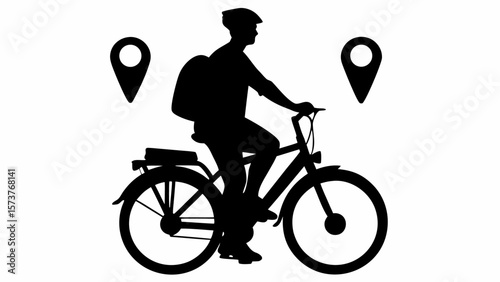 Silhouette of a cyclist with backpack and cap riding a bicycle with two location markers on white background