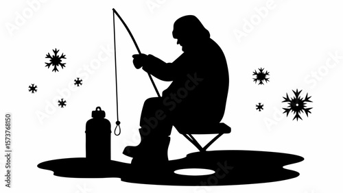 Silhouette of a man ice fishing with snowflakes falling around him on a white winter background scene