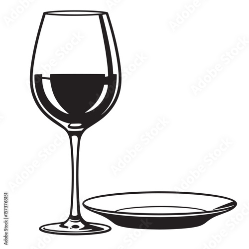 Elegant wine glass and plate silhouette suitable for restaurant or culinary concepts