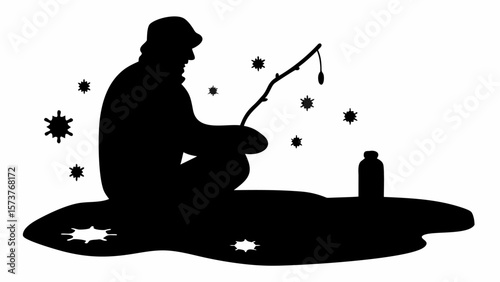 Silhouette of a man fishing in winter with snowflakes and a bottle on the ice in black and white